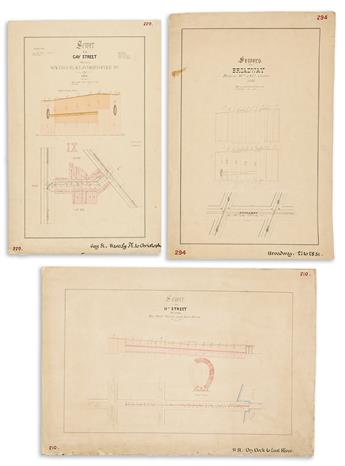 (NEW YORK CITY -- SEWER PLANNING.) Six neatly-drafted manuscript plans delineating sections of lower Manhattan's sewer network.